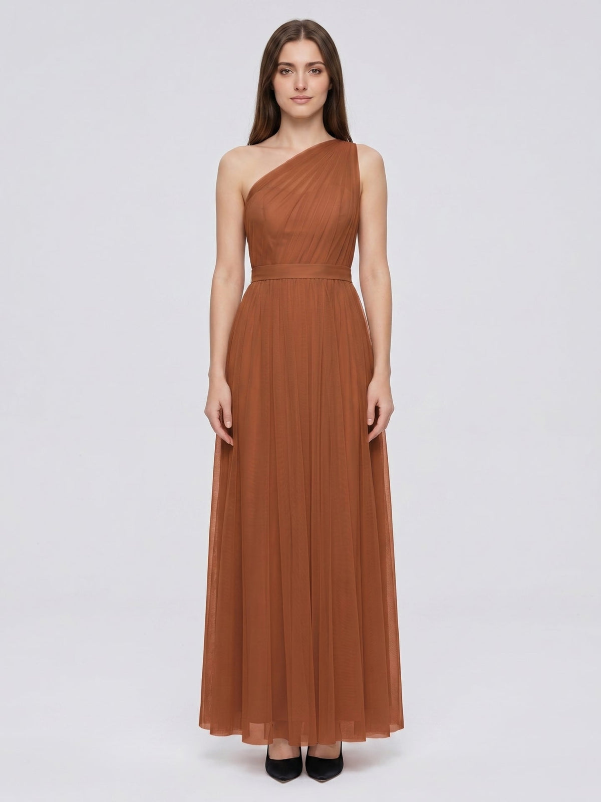 Terracotta Tulle A-Line One Shoulder Back Zip Floor-Length Bridesmaid Dress - Curvevia