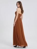 Terracotta Chiffon A-Line Off-the-Shoulder Back Zip Floor-Length Pleated Bridesmaid Dress - Curvevia