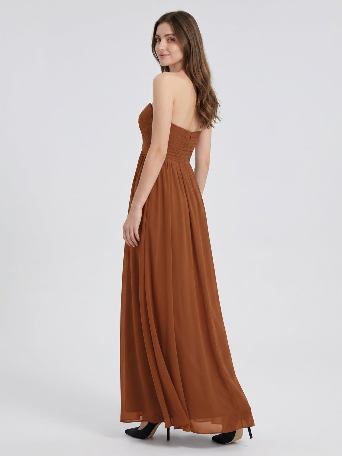 Terracotta Chiffon A-Line Off-the-Shoulder Back Zip Floor-Length Pleated Bridesmaid Dress - Curvevia