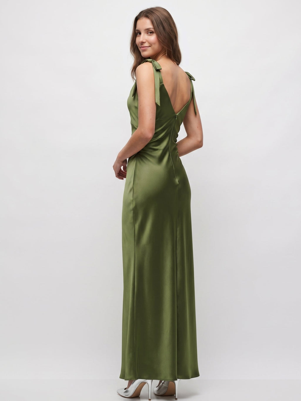 Olive Green Satin Mermaid Cowl Neck Backless Floor-Length Pleated Bridesmaid Dress - Curvevia