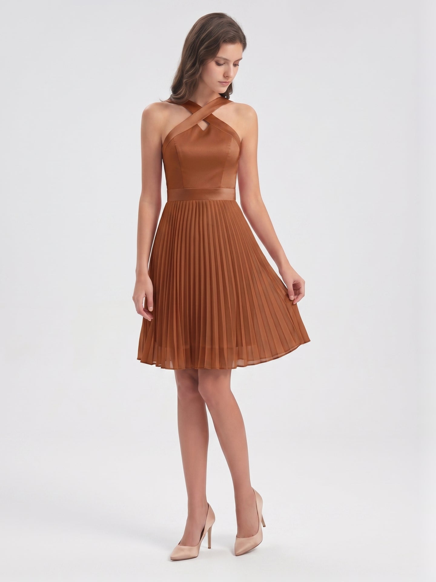 Terracotta Chiffon A-Line Halter Back Zip Knee-Length Pleated Bridesmaid Dress - Curvevia