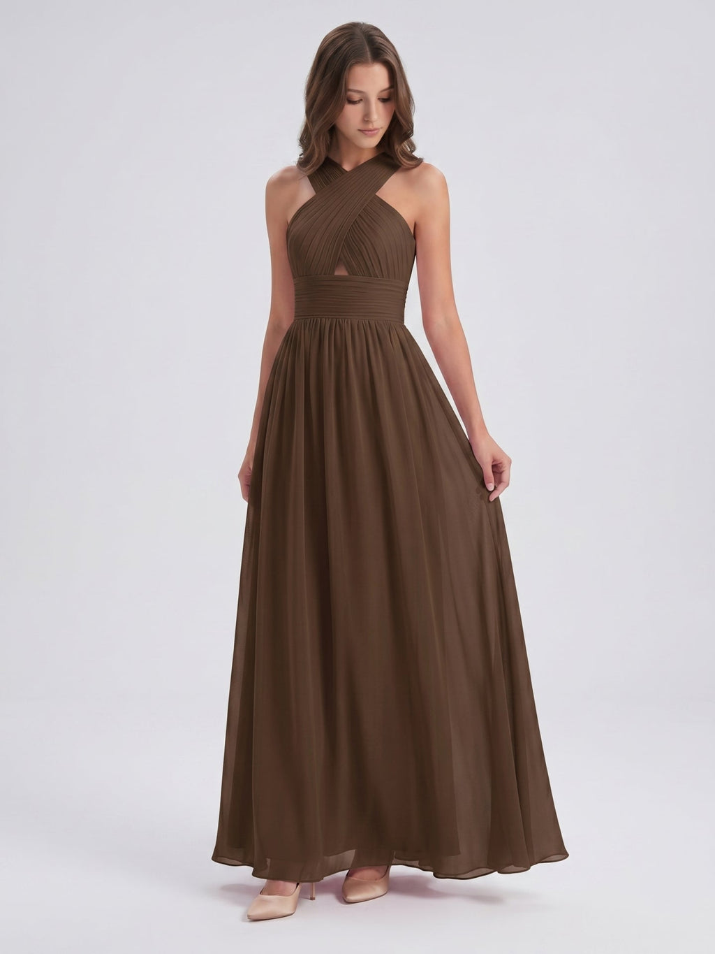 Mocha Chiffon A-Line Halter Backless Floor-Length Bridesmaid Dress - Curvevia
