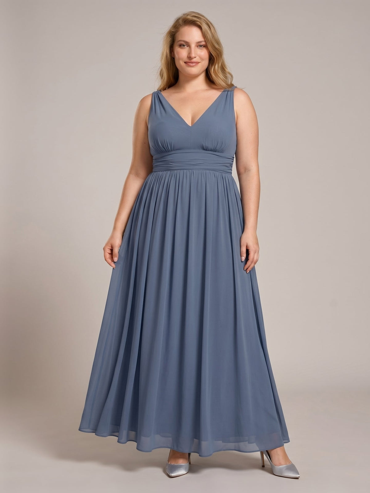 Simple Stormy Chiffon Empire V-Neck Back Zip Ankle-Length Plus Size Bridesmaid Dress - Curvevia