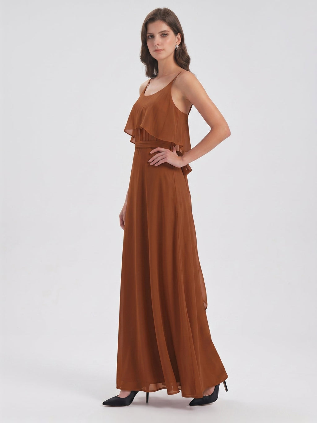 Terracotta Chiffon Sheath Scoop Neck Backless Floor-Length Bridesmaid Dress with Bow - Curvevia