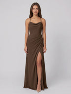 Mocha Chiffon Sheath Cowl Neck Criss-Cross Back Floor-Length Pleated Bridesmaid Dress - Curvevia