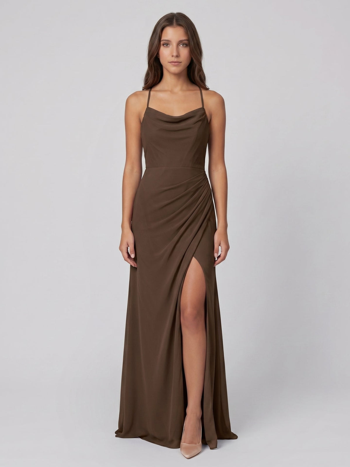 Mocha Chiffon Sheath Cowl Neck Criss-Cross Back Floor-Length Pleated Bridesmaid Dress - Curvevia