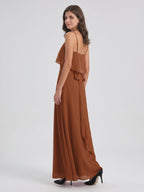 Terracotta Chiffon Sheath Scoop Neck Backless Floor-Length Bridesmaid Dress with Bow - Curvevia