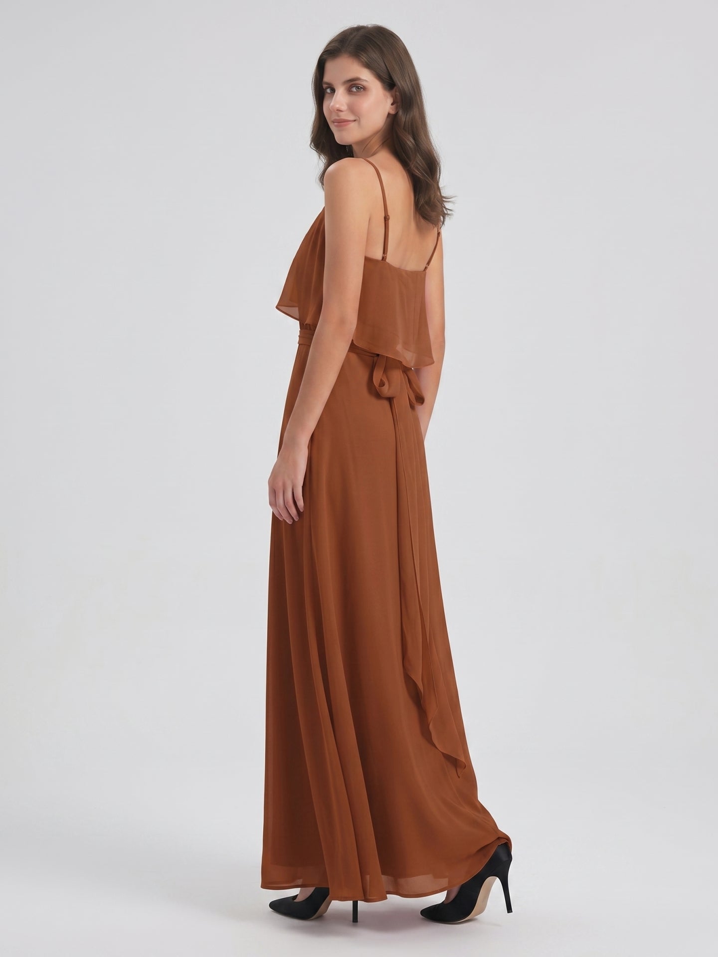 Terracotta Chiffon Sheath Scoop Neck Backless Floor-Length Bridesmaid Dress with Bow - Curvevia