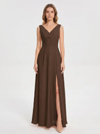Mocha Chiffon A-Line V-Neck V-Back Ankle-Length Bridesmaid Dress with Bow - Curvevia