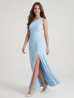 Fluid Sky Blue Matte Satin Trumpet One Shoulder Back Zip Ankle-Length Bridesmaid Dress - Curvevia