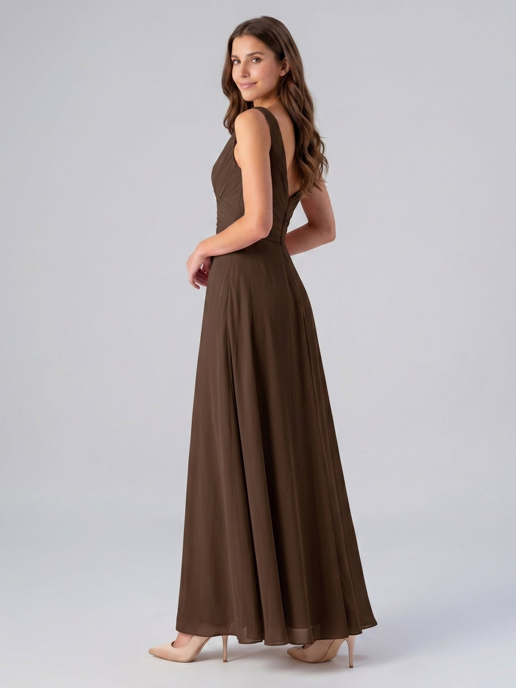 Mocha Chiffon A-Line V-Neck V-Back Floor-Length Bridesmaid Dress with Pockets - Curvevia