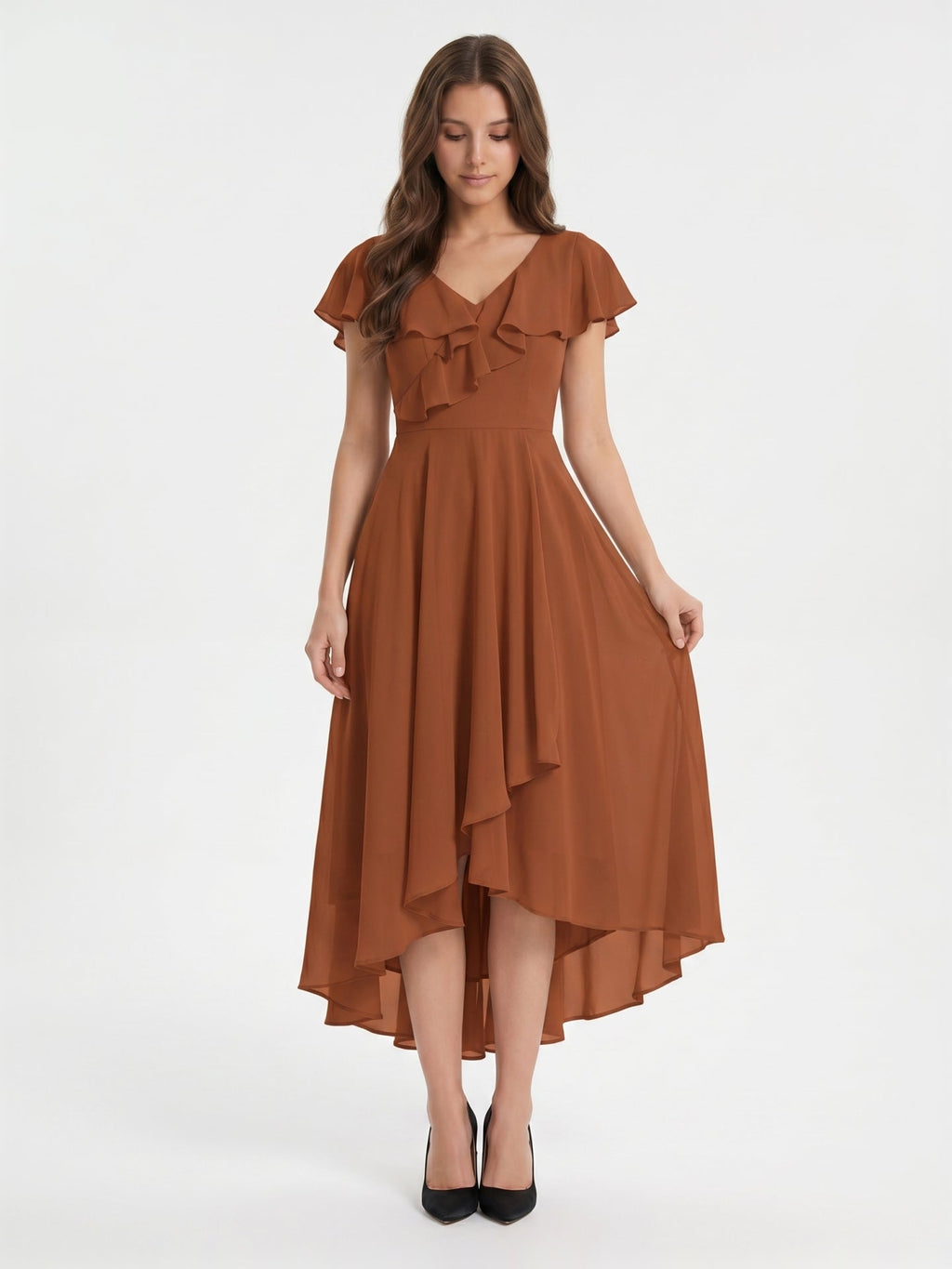Terracotta Chiffon A-Line V-Neck V-Back Asymmetrical Ruffle Bridesmaid Dress - Curvevia