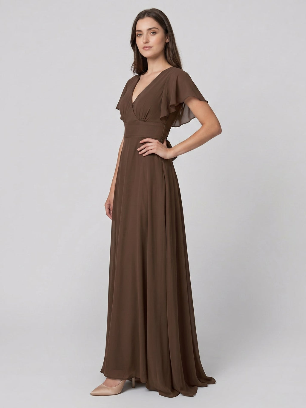 Mocha Chiffon A-Line V-Neck Back Zip Floor-Length Ruffle Bridesmaid Dress - Curvevia