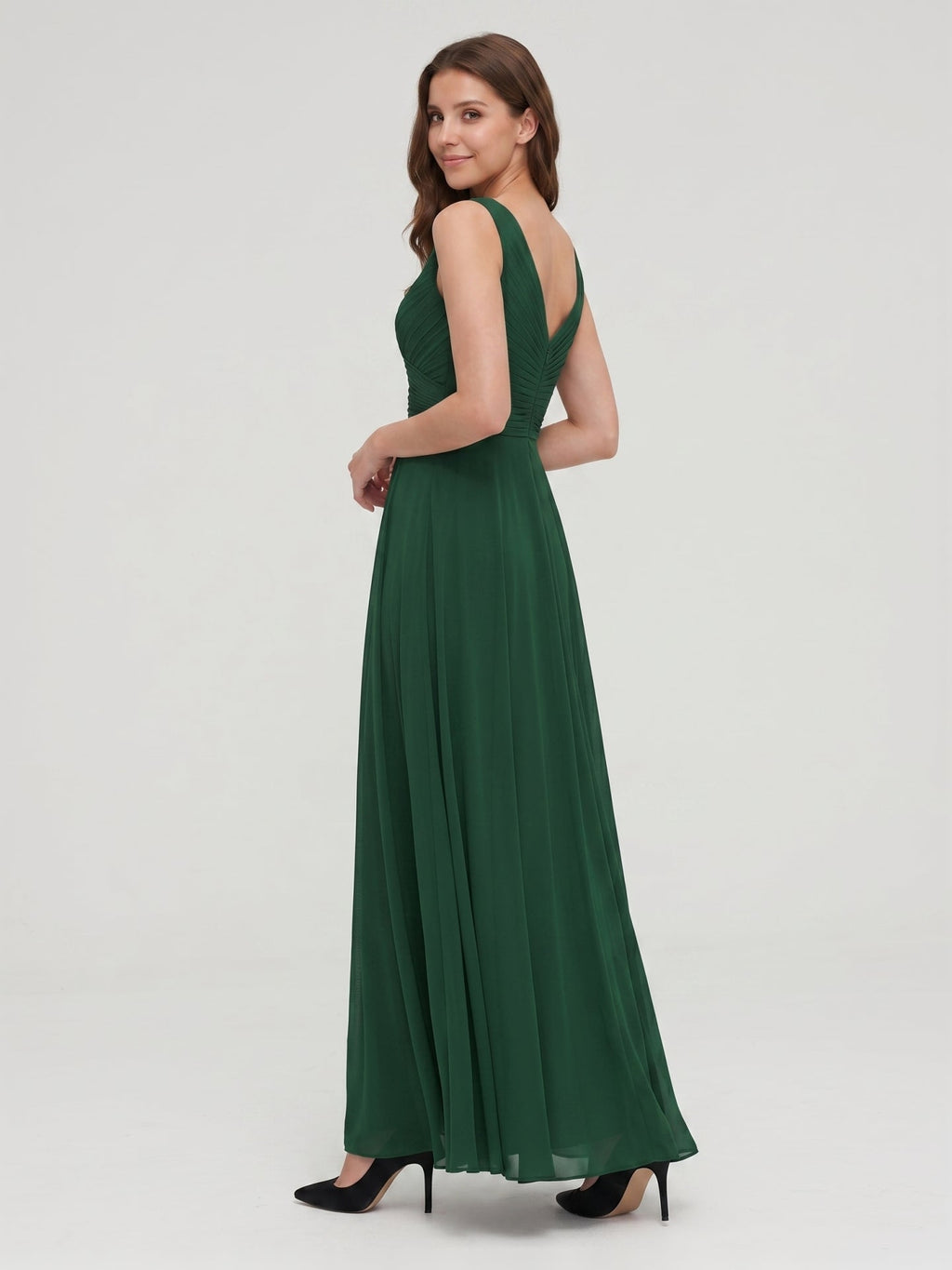 Forest Green Chiffon A-Line V-Neck V-Back Floor-Length Pleated Bridesmaid Dress - Curvevia