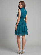 Teal Chiffon A-Line Scoop Neck Back Zip Knee-Length Cascading Ruffle Bridesmaid Dress - Curvevia