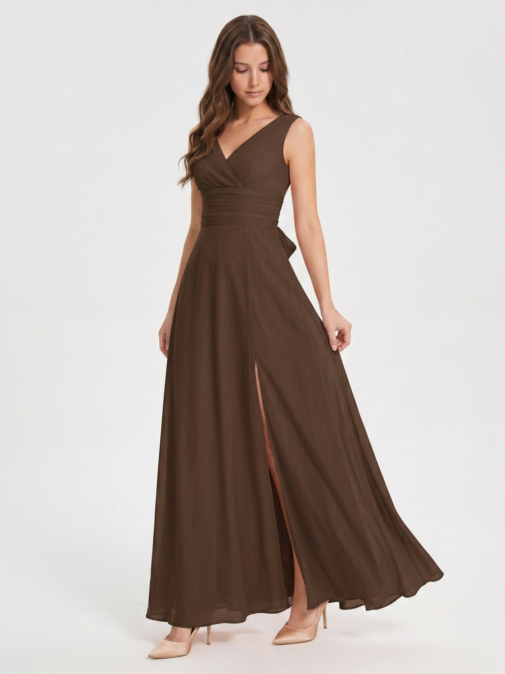 Mocha Chiffon A-Line V-Neck V-Back Ankle-Length Bridesmaid Dress with Bow - Curvevia