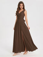 Mocha Chiffon A-Line V-Neck V-Back Ankle-Length Bridesmaid Dress with Bow - Curvevia