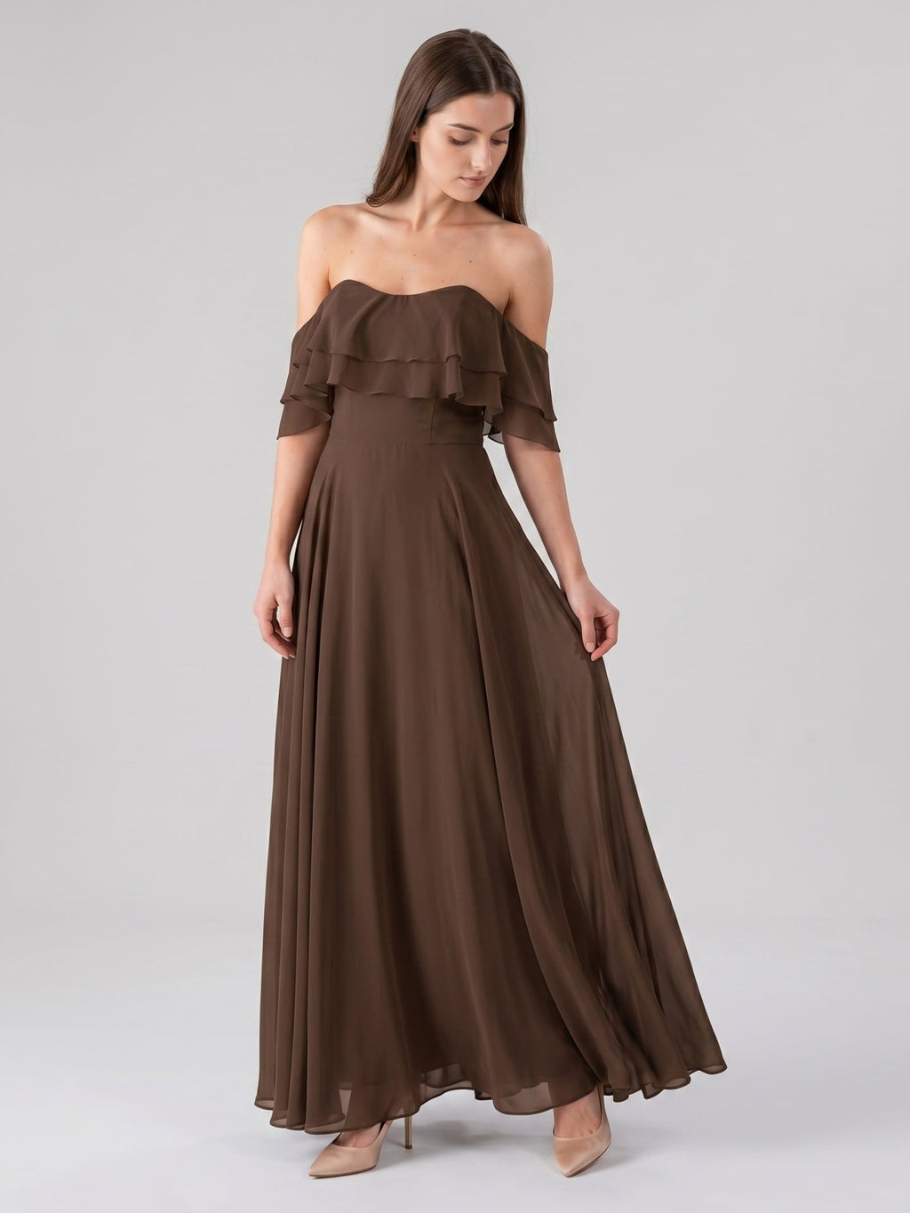 Mocha Chiffon A-Line Off-the-Shoulder Backless Floor-Length Ruffle Bridesmaid Dress - Curvevia