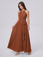 Terracotta Chiffon A-Line Halter Bow Back Floor-Length Bridesmaid Dress with Bow - Curvevia