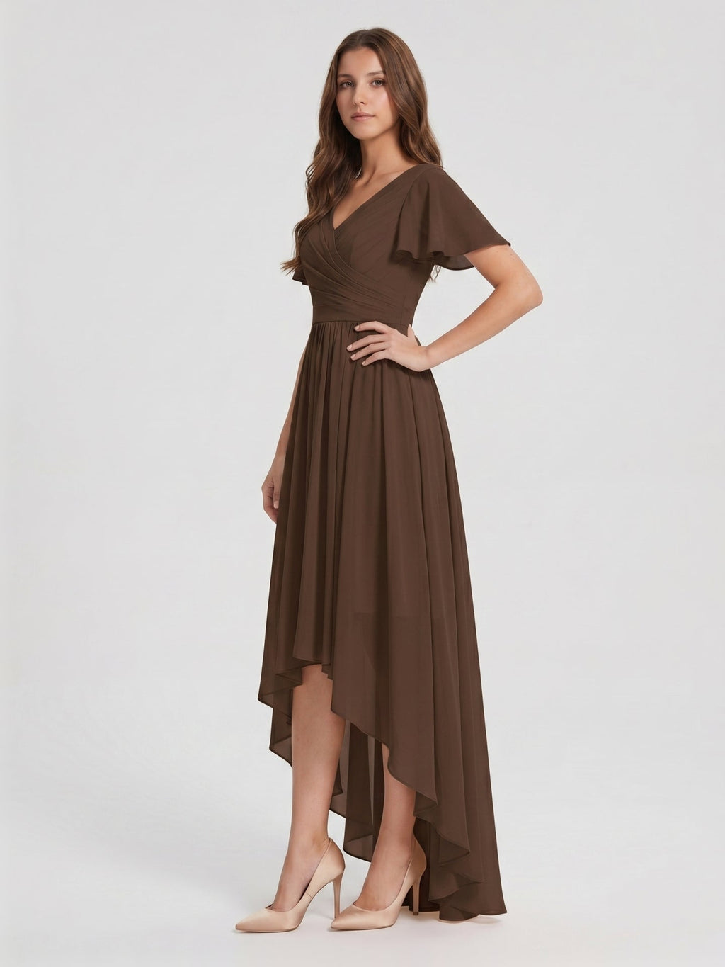 Mocha Chiffon A-Line V-Neck V-Back Asymmetrical Pleated Bridesmaid Dress - Curvevia