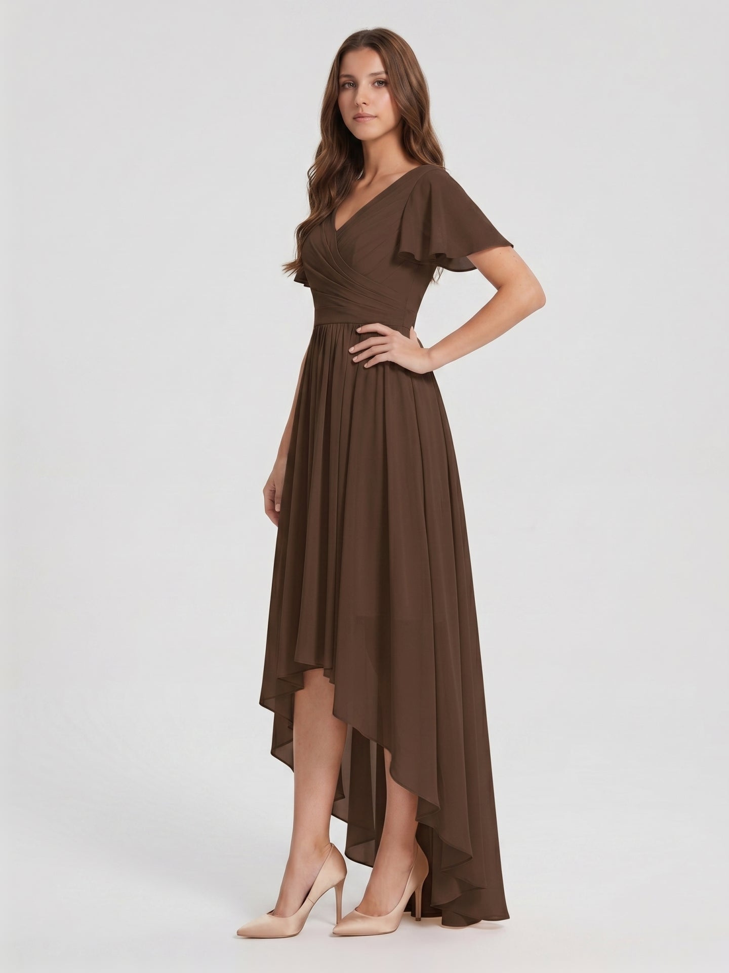 Mocha Chiffon A-Line V-Neck V-Back Asymmetrical Pleated Bridesmaid Dress - Curvevia