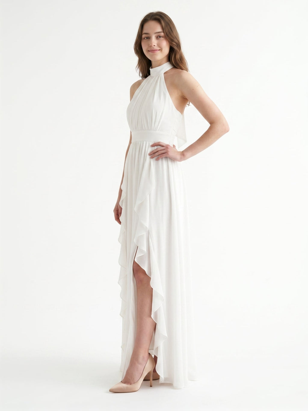 Ivory Chiffon A-Line Halter Bow Back Floor-Length Ruffle Bridesmaid Dress - Curvevia