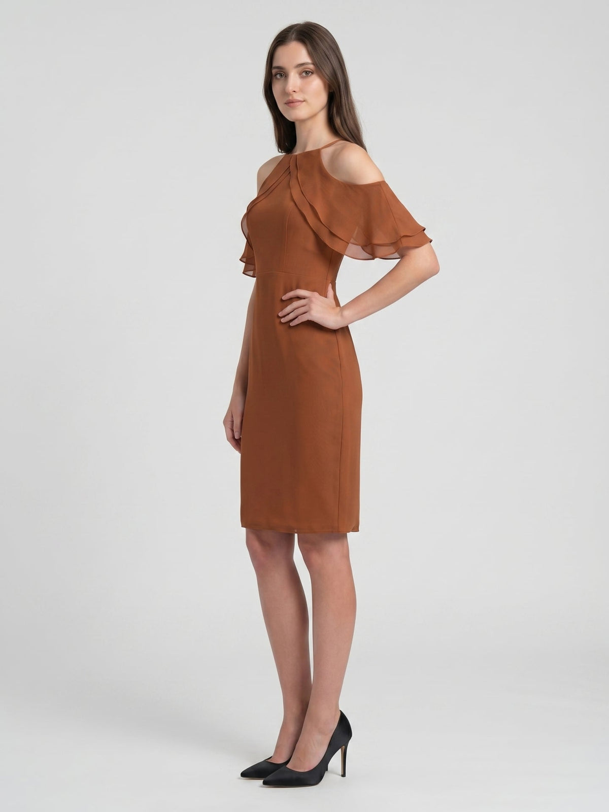 Terracotta Chiffon Sheath Off-the-Shoulder Back Zip Knee-Length Ruffle Bridesmaid Dress - Curvevia