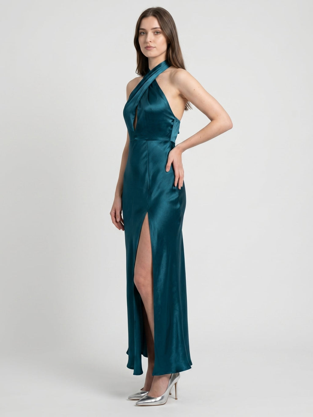 Teal Satin Sheath Halter Lace-Up Back Ankle-Length Bridesmaid Dress - Curvevia