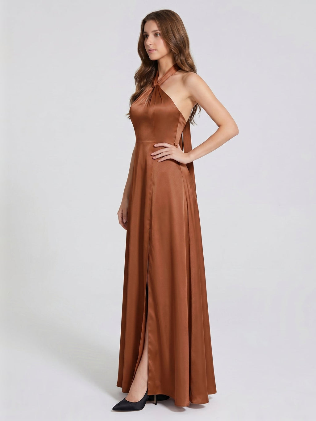 Terracotta Satin A-Line Halter Lace-Up Back Floor-Length Bridesmaid Dress with Bow - Curvevia