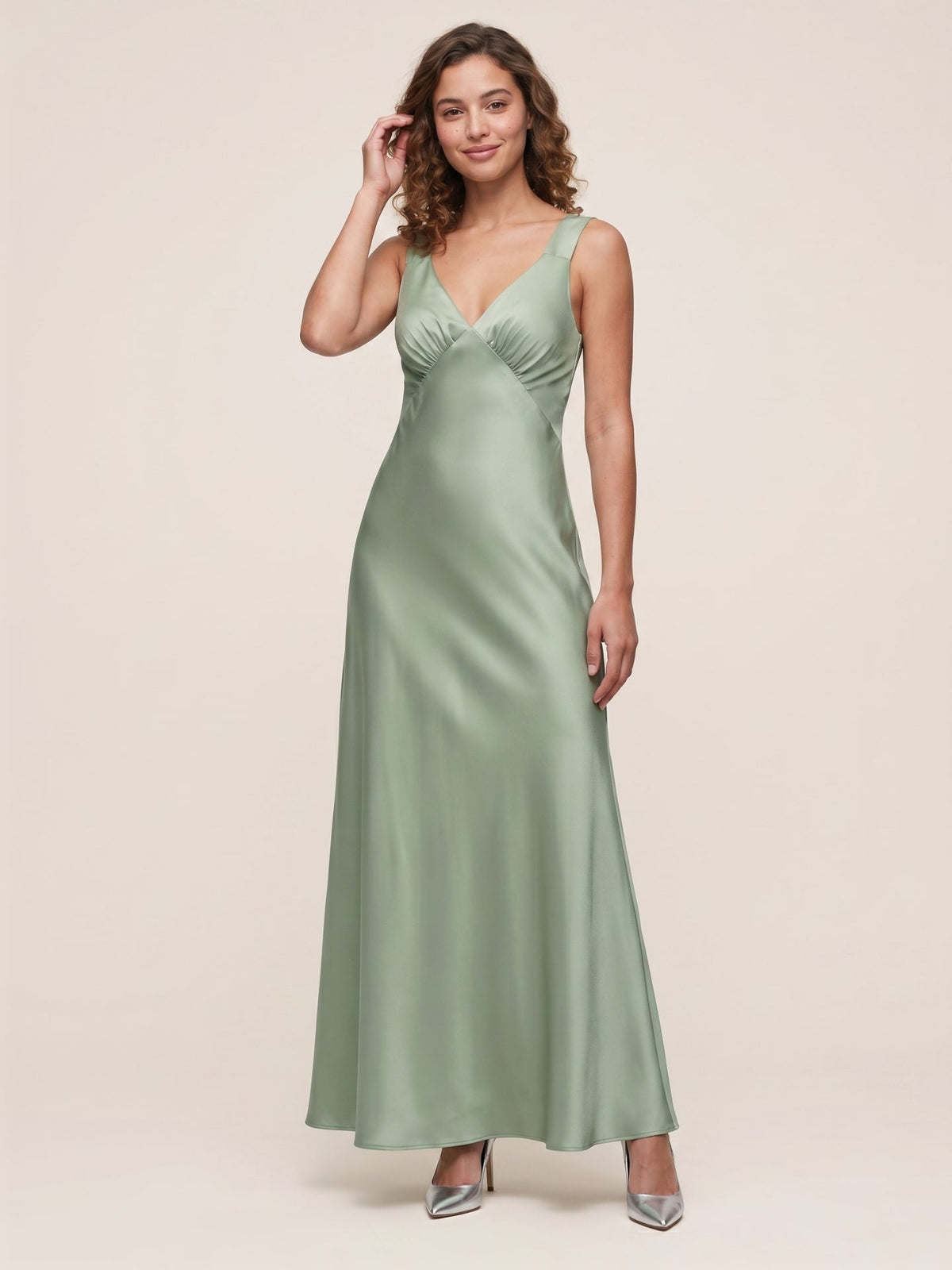 Refined Dusty Sage Satin column V-Neck Backless Ankle-Length Bridesmaid Dress - Curvevia