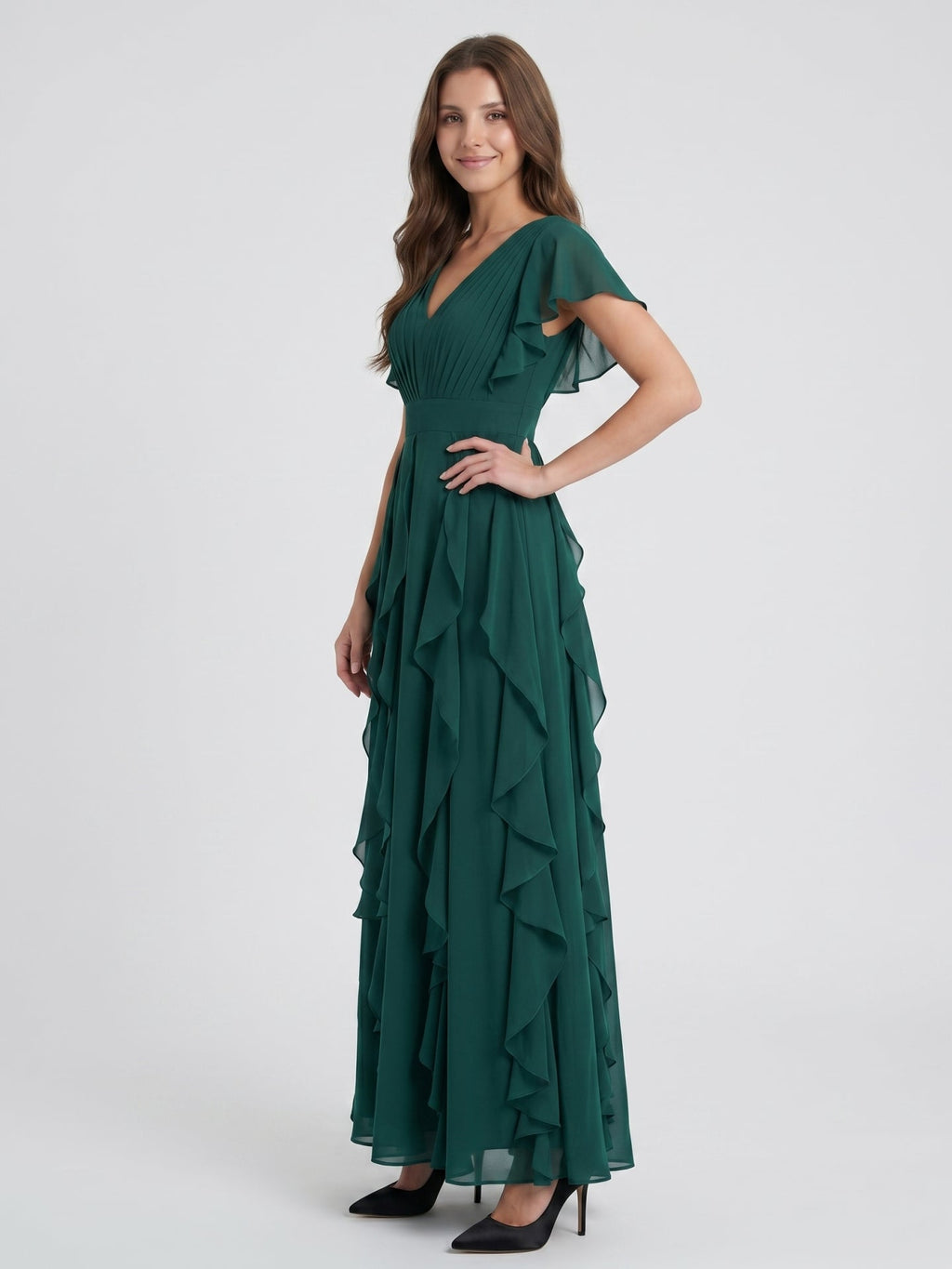 Peacock Chiffon A-Line V-Neck V-Back Floor-Length Ruffle Bridesmaid Dress - Curvevia
