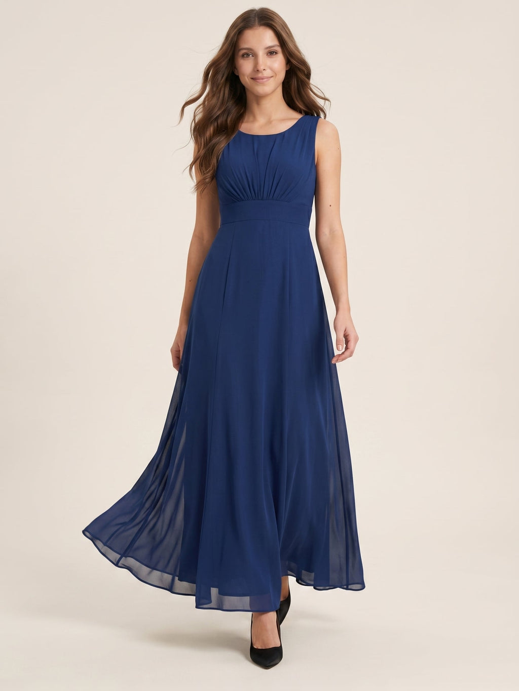 Simple Navy Blue Chiffon A-Line Scoop Neck V-Back with Bow Accent Ankle-Length Bridesmaid Dress - Curvevia