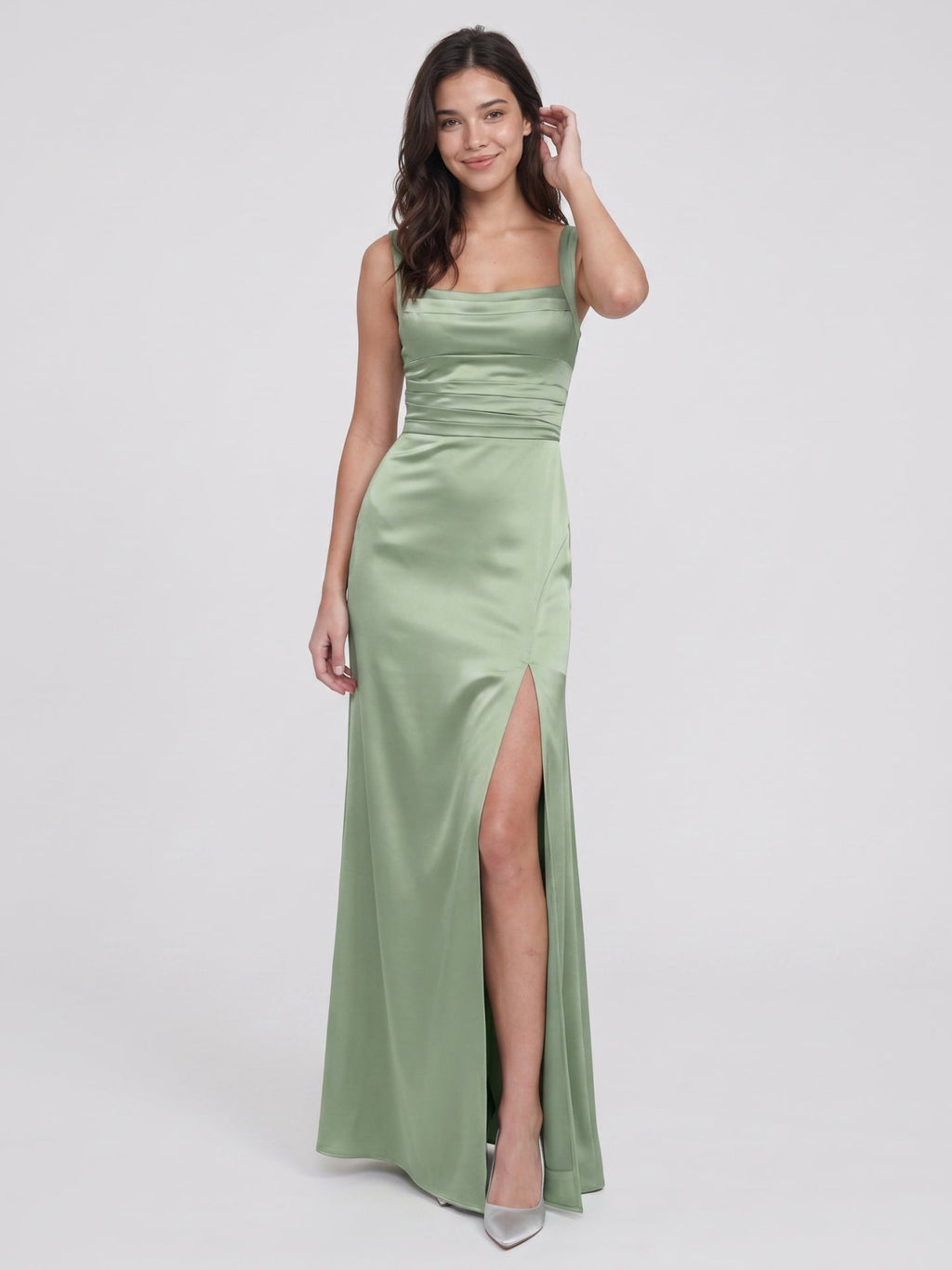 Elegant Dusty Sage Satin A-Line Square Neck Ankle-Length Bridesmaid Dress - Curvevia