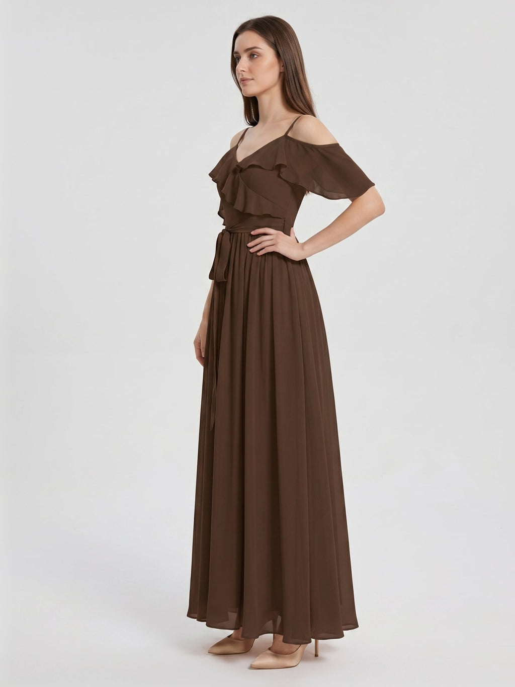Mocha Chiffon A-Line Off-the-Shoulder V-Back Floor-Length Ruffle Bridesmaid Dress - Curvevia