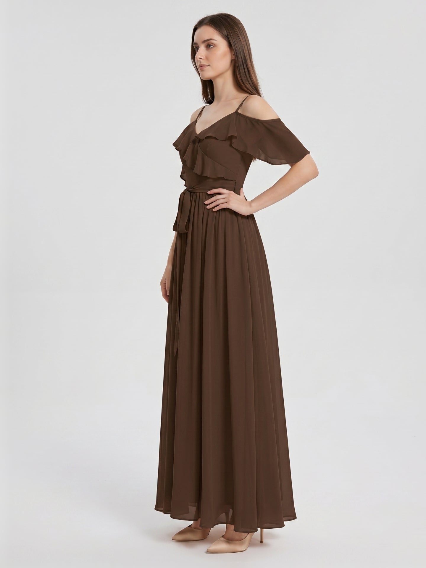 Mocha Chiffon A-Line Off-the-Shoulder V-Back Floor-Length Ruffle Bridesmaid Dress - Curvevia