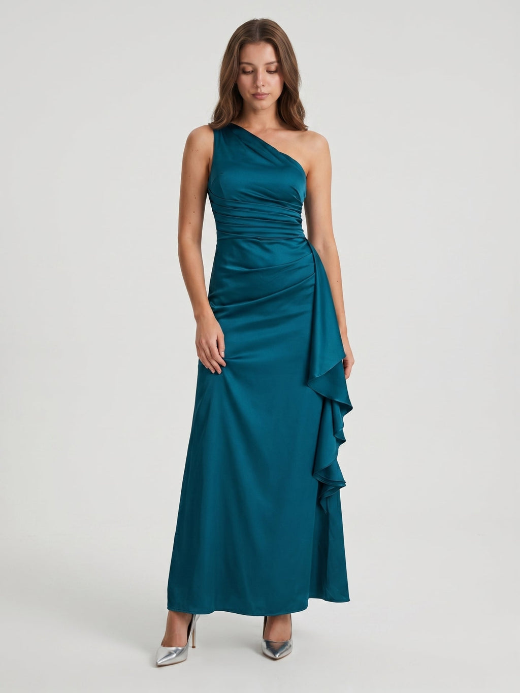 Teal Satin Sheath One Shoulder Side Zip Ankle-Length Ruffle Bridesmaid Dress - Curvevia