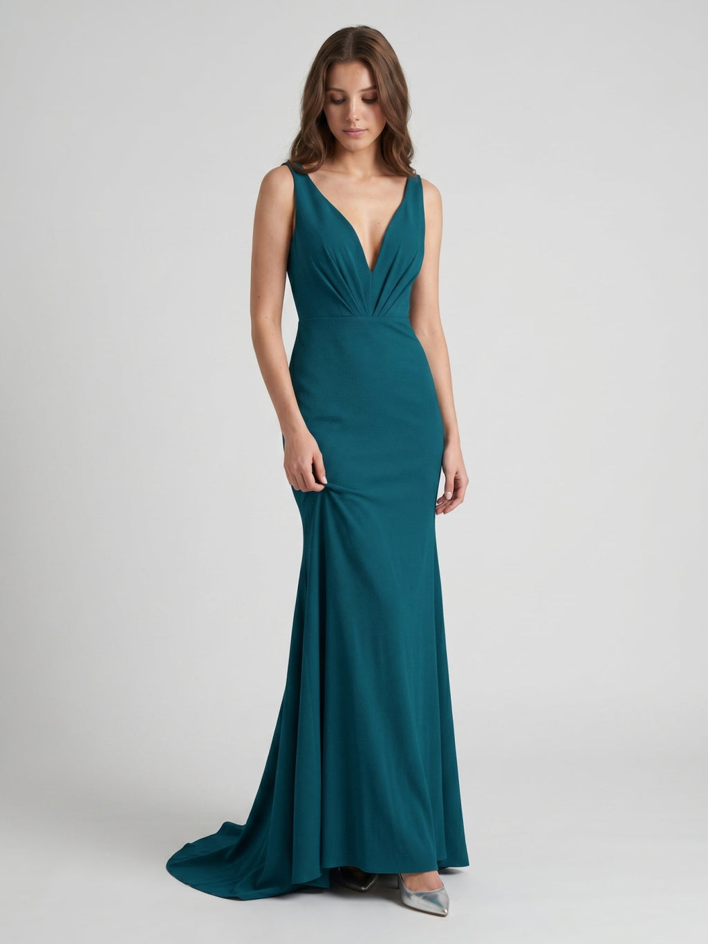 Teal Stretch Knit Mermaid V-Neck Backless Floor-Length Bridesmaid Dress - Curvevia