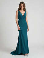 Teal Stretch Knit Mermaid V-Neck Backless Floor-Length Bridesmaid Dress - Curvevia