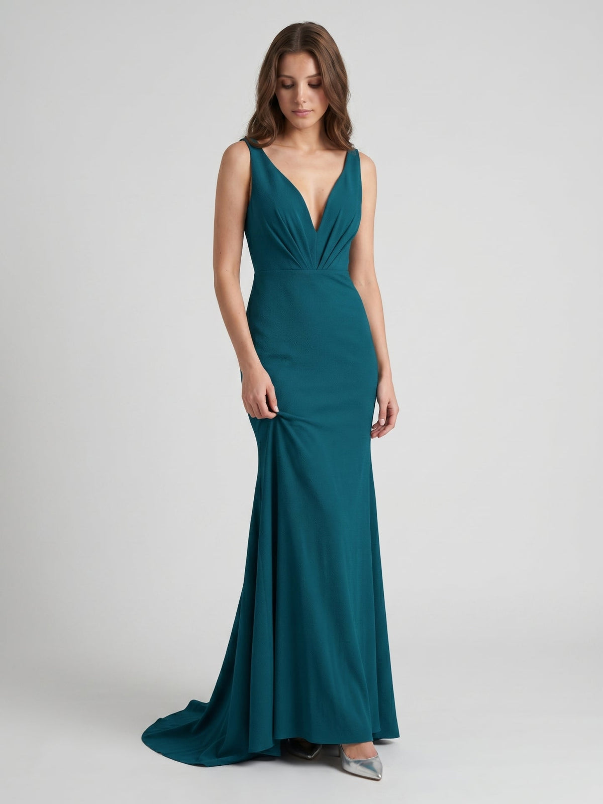Teal Stretch Knit Mermaid V-Neck Backless Floor-Length Bridesmaid Dress - Curvevia