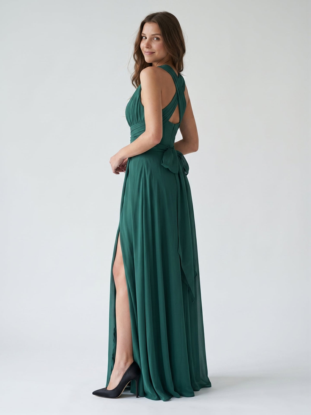 Peacock Chiffon A-Line V-Neck Back Zip Floor-Length Pleated Bridesmaid Dress - Curvevia