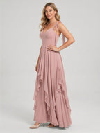 Sweet & Flowy Dusty Rose Chiffon A-Line V-Neck Back Zip with Ruffle Ankle-Length Bridesmaid Dress - Curvevia