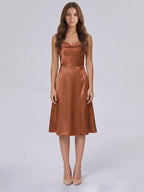 Terracotta Satin A-Line Cowl Neck Backless Knee-Length Bridesmaid Dress - Curvevia