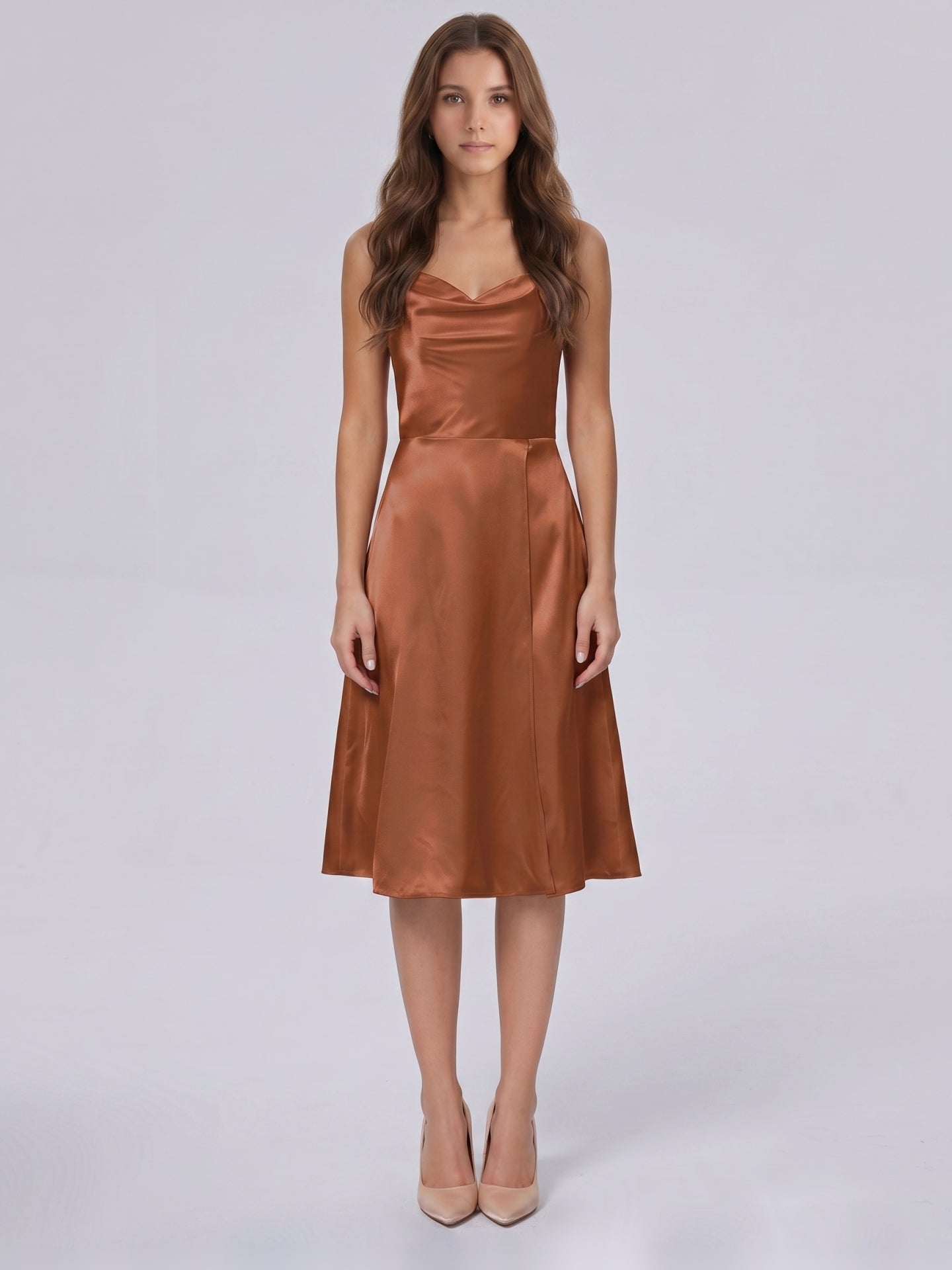 Terracotta Satin A-Line Cowl Neck Backless Knee-Length Bridesmaid Dress - Curvevia