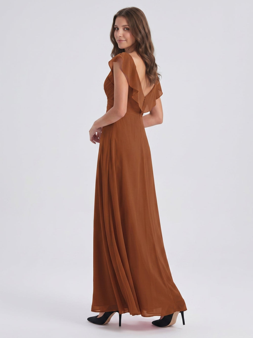 Terracotta Chiffon Sheath V-Neck Backless Floor-Length Ruffle Bridesmaid Dress - Curvevia