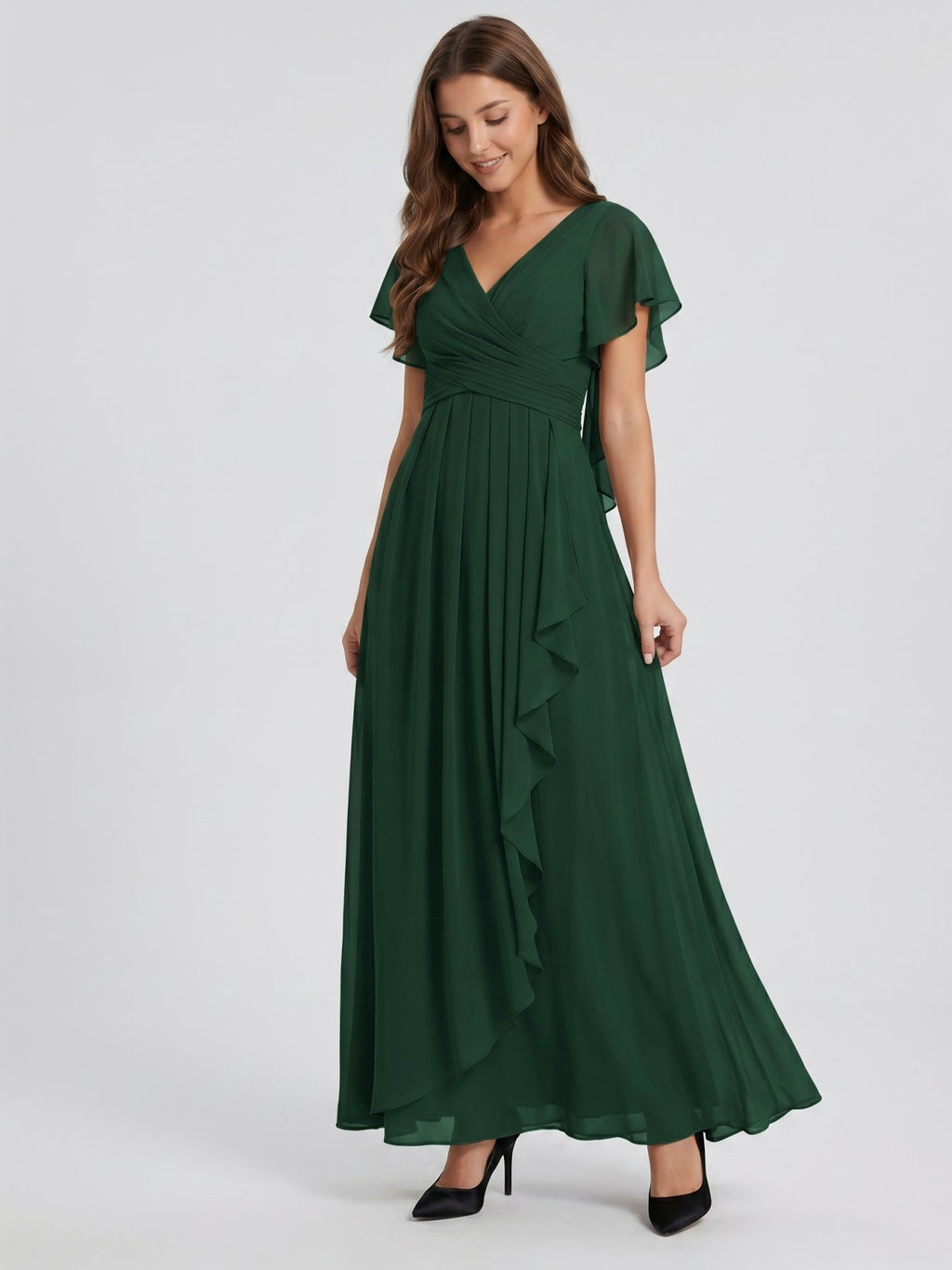 Forest Green Chiffon A-Line V-Neck Backless Floor-Length Ruffle Bridesmaid Dress - Curvevia