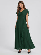 Forest Green Chiffon A-Line V-Neck Backless Floor-Length Ruffle Bridesmaid Dress - Curvevia