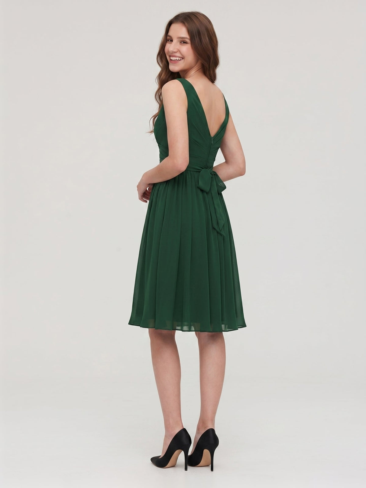 Forest Green Chiffon A-Line V-Neck V-Back Knee-Length Pleated Bridesmaid Dress - Curvevia