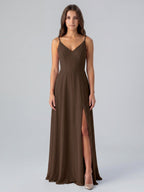 Mocha Chiffon A-Line V-Neck Lace-Up Back Floor-Length Bridesmaid Dress with Bow - Curvevia