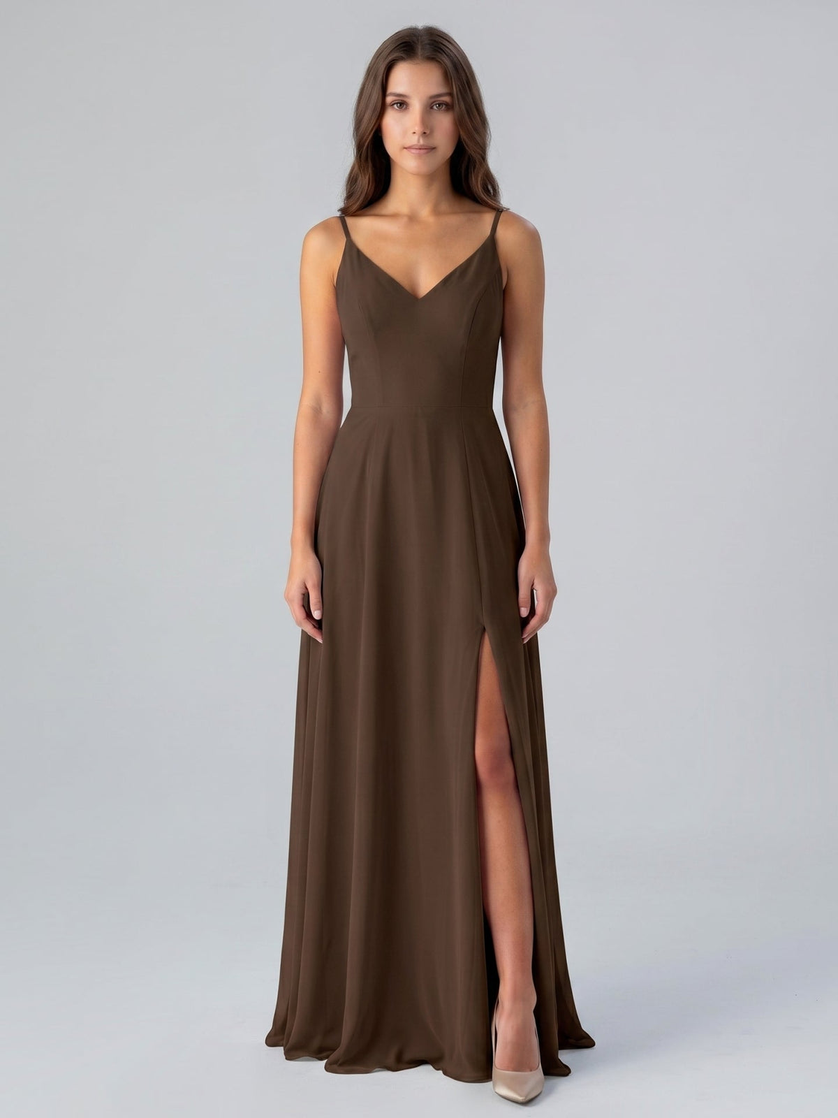 Mocha Chiffon A-Line V-Neck Lace-Up Back Floor-Length Bridesmaid Dress with Bow - Curvevia