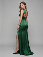 Emerald Satin Trumpet V-Neck Keyhole Back Floor-Length Bridesmaid Dress - Curvevia